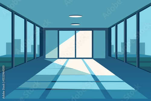 A long, empty hotel corridor with blue-tinted windows reveals a clean, modern interior design