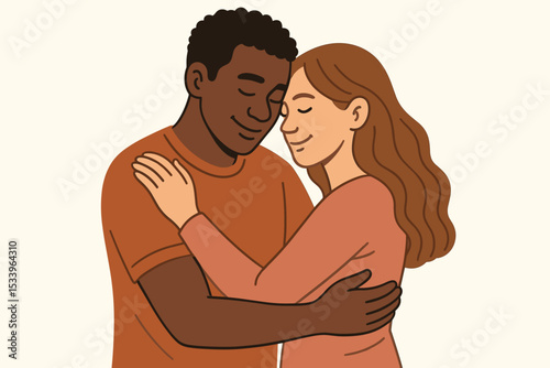 Loving interracial couple hugging tenderly. Black man and Caucasian woman in a warm embrace. Relationship, love, support, togetherness, and harmony. Diversity concept illustration.