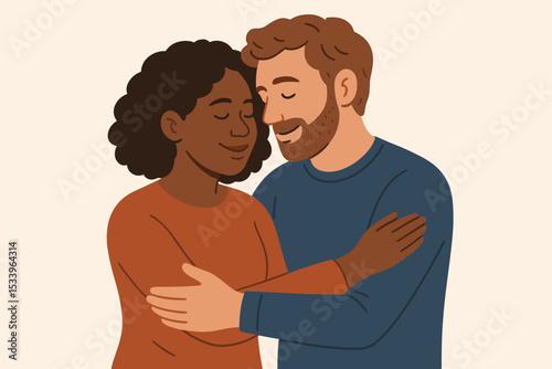 Loving multiracial couple embracing. Concept of support, love and partnership. Happy black woman and white man hugging. Tender moment of affection, care, and togetherness.