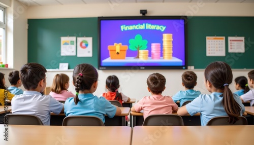 visualize a group of children watching an animated financial literacy video