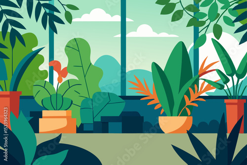 Window plants with floral designs and tropical foliage create a vibrant vector illustration