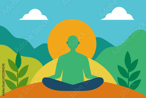 Relaxing woman meditating in a garden or park with a peaceful lotus pose, silhouetted by the setting sun, embodying health, zen, and spiritual well-being