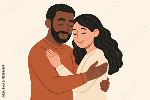 Loving interracial couple embracing. Happy diverse man and woman hugging with affection and tenderness. Relationship, romance, support and connection concept. Flat vector illustration.