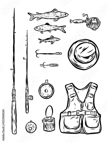 Fishing set of vector objects design elements Fishing Sketch Set hand draw vector
