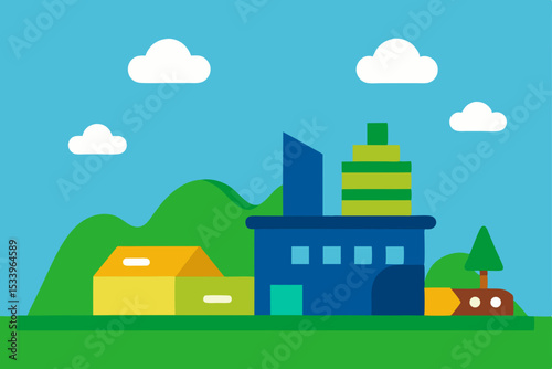 A charming vector cartoon illustration of a summer city landscape with houses, buildings, trees, and a bright sky