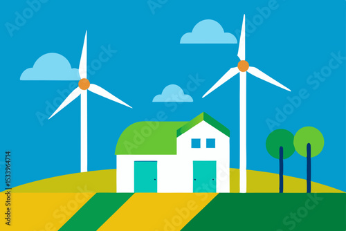 Green wind turbines generate clean energy against a blue sky, symbolizing renewable electricity in a natural landscape