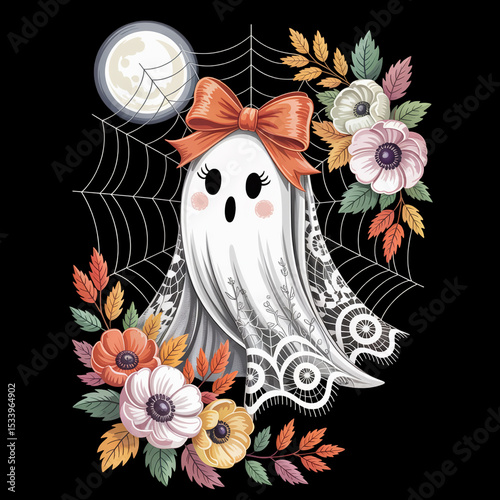 A whimsical ghost decorated with a lace sheet and an orange bow floats amidst vibrant autumn leaves and flowers