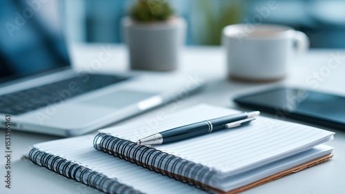 Stylish Laptop and Open Notebook with Pen for Online Study Notes