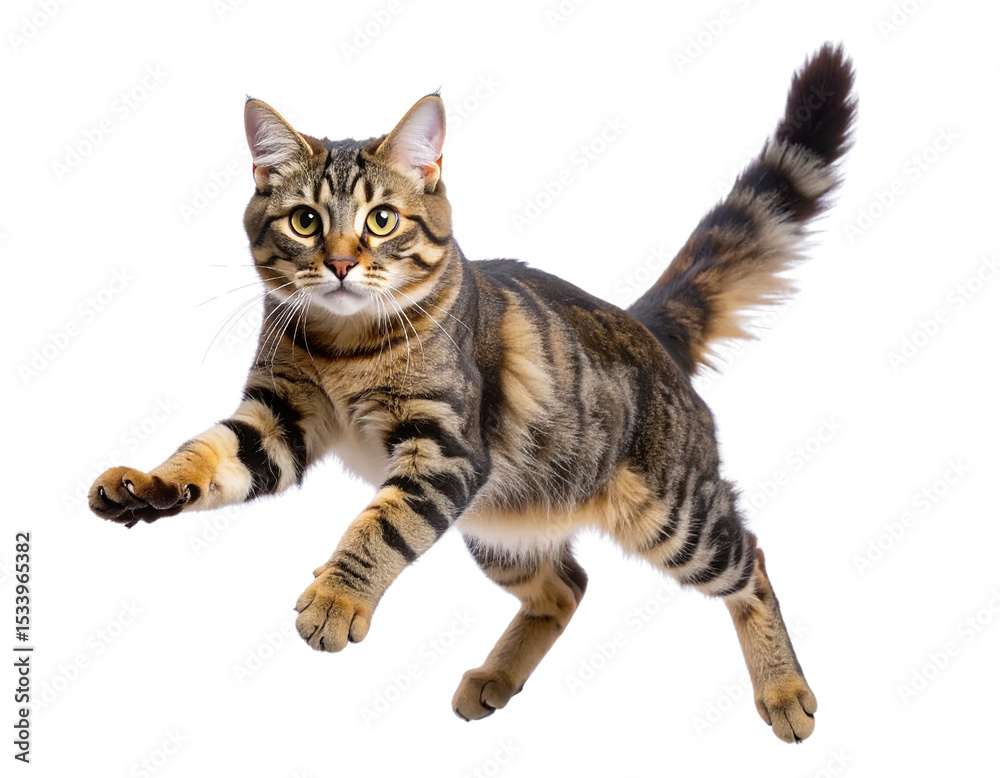 Fototapeta premium Housecat Mid-Jump, Caught in Motion, Dynamic Flying Pose, Isolated on Transparent Background