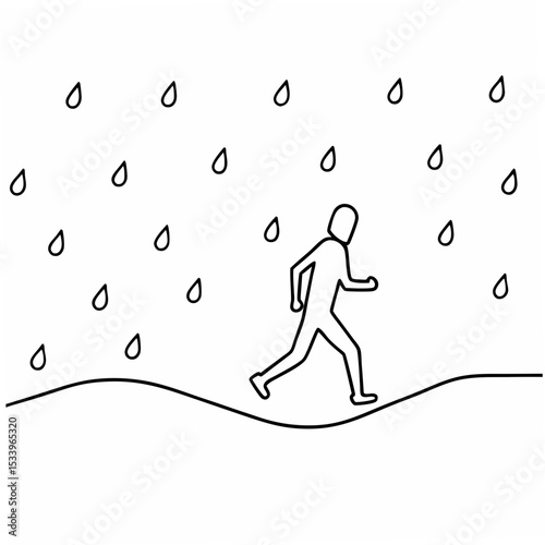 Simple Line Drawing Jogger Running in Rain on White Background rainy day light rain
