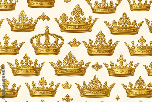 Regal crown seamless pattern vector. Vintage background with hand drawn golden crowns. Royal king and queen tiara illustration. Heraldic monarchy symbol for luxury wallpaper.