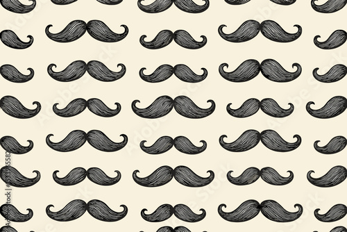 Vintage mustache seamless pattern. Retro hand-drawn background with handlebar moustaches. Gentleman barber grooming concept. Engraved illustration for wallpaper or fabric print.