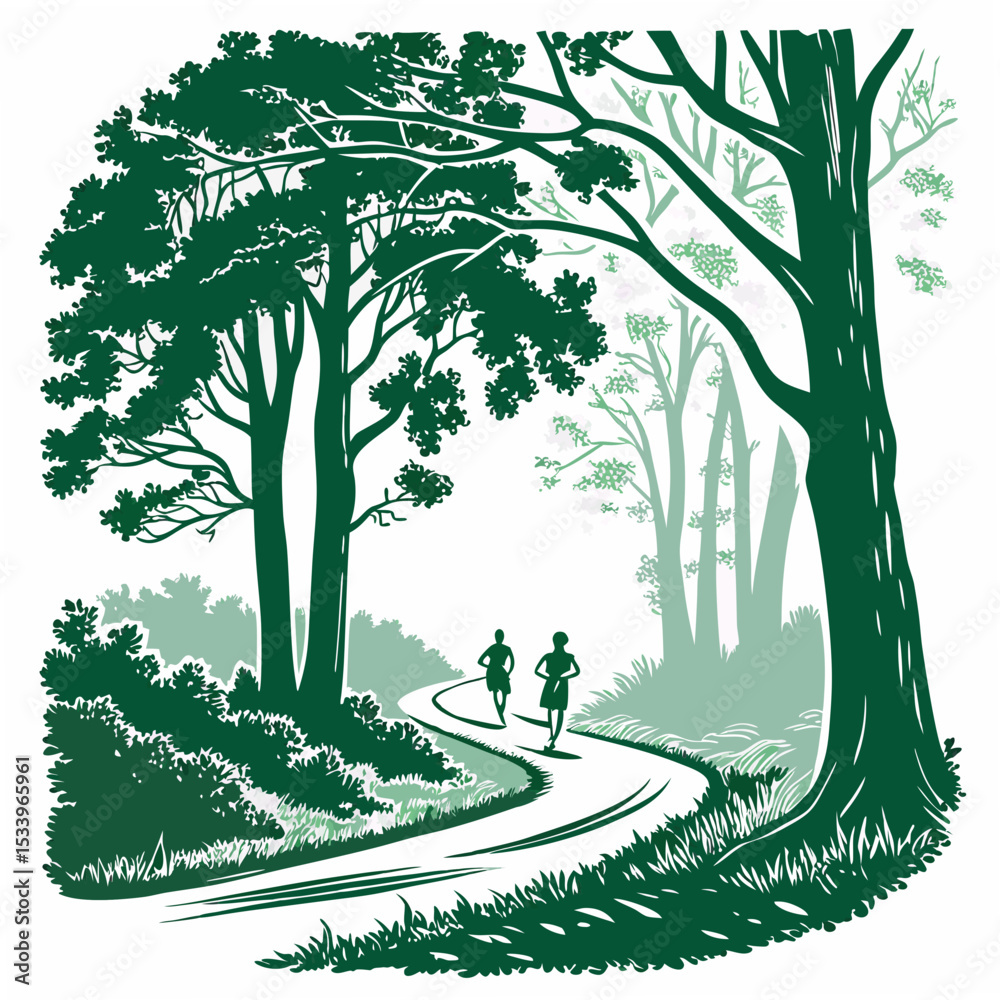 Obraz premium Two Runners Jogging on a Winding Forest Trail Green Nature Illustration running