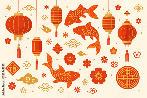 Chinese New Year elements collection. Set of traditional Asian symbols for Lunar New Year celebration. Vector red lantern, lucky koi fish, gold cloud, flower and fortune symbol.
