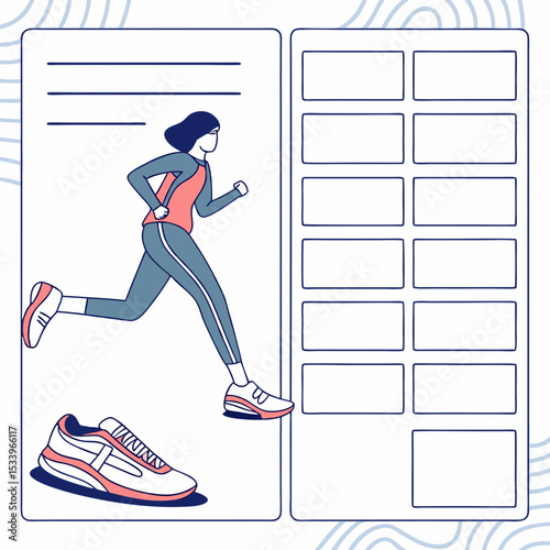 Weekly Running Schedule Template Illustration featuring a Woman Jogging in Coral and Teal Activewear with Blank Boxes for Planning