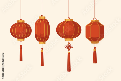 Set of traditional red Chinese lanterns for celebration. Vector illustration for Lunar New Year or Asian festivals. Hanging paper lamps with gold details, tassels, and mystic knot.