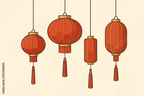 Set of traditional red and gold Chinese lanterns. Hanging paper lamps with tassels for decoration. Asian cultural symbol for Chinese New Year, Lunar New Year, or festival celebration.