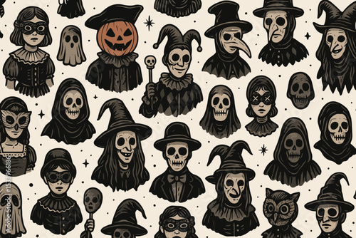 Halloween characters seamless pattern. Vintage illustration with spooky masquerade costumes. Skull, witch, pumpkin, ghost, jester, and plague doctor for festive background design.