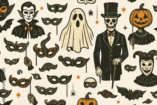Vintage Halloween seamless pattern with masquerade masks, vampire, ghost, and skeleton. Retro spooky character illustration for a costume party background. Horror theme vector.