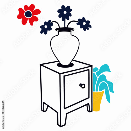 White Vase with Flowers on a Small Wooden Nightstand