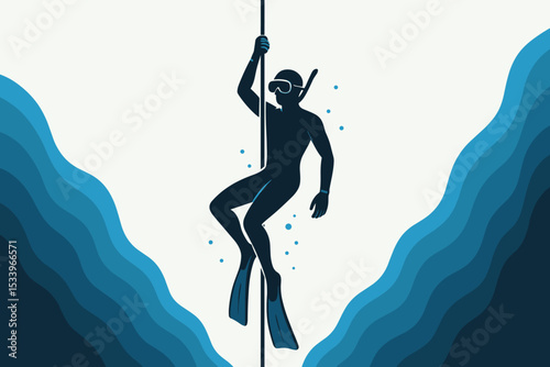 Freediver silhouette holding a rope underwater. Freediving sport concept. Man with mask and fins descending into the deep ocean. Extreme water sport, apnea training vector.