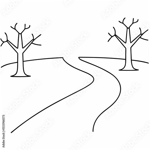 Winding Park Trail Path with Bare Trees on White Background Simple Line Drawing vector