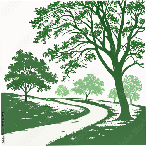 Winding Park Trail Path Surrounded by Lush Green Trees on White Background vector