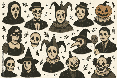 Retro Halloween character illustration set. Creepy carnival and masquerade party icons. Spooky vintage vector art of ghost, skull, clown, jester, pumpkin, witch, plague doctor.