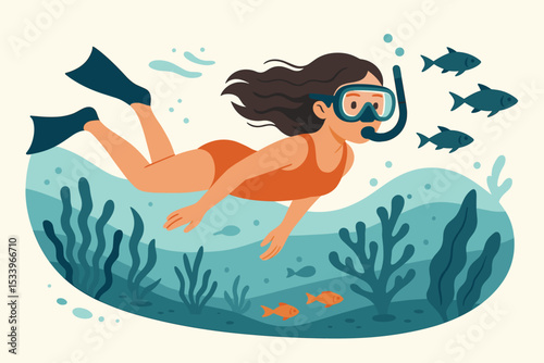 Woman snorkeling, swimming underwater in the ocean with fish. Girl diver with mask and fins exploring marine life and coral reef. Summer vacation adventure and travel hobby concept. Vector