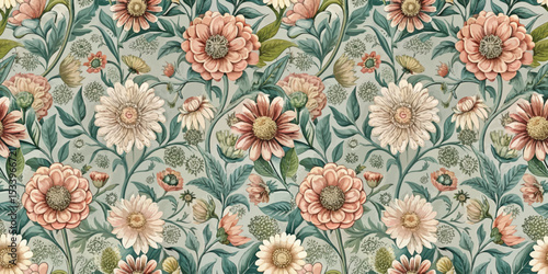 Vintage floral pattern with pastel-colored flowers and green leaves.