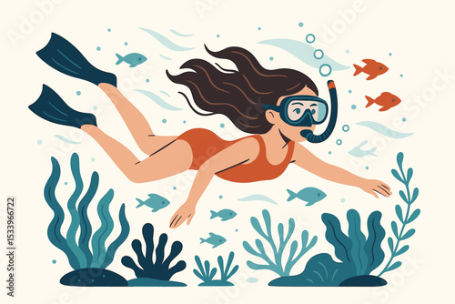 Snorkeling adventure vector illustration. Young woman swimming underwater in the sea, exploring marine life with fish and coral. Concept for summer holiday, travel, water sports.