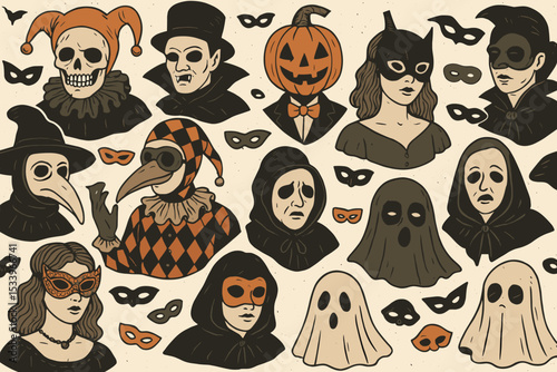 Vintage Halloween party character collection. Creepy carnival masquerade set with spooky masks. Retro vector illustration of ghost, vampire, skull jester, plague doctor and pumpkin.