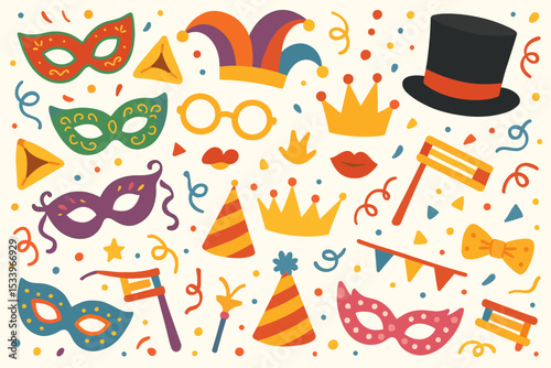 Happy Purim carnival celebration vector icon set. Collection of Jewish holiday symbols including mask, hamantaschen, grogger, crown, and party hat. Flat design isolated elements.