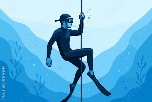 Male freediver in a wetsuit and fins holding a guide rope for deep sea descent. Scuba diving training concept. Underwater sports adventure in the blue ocean vector illustration.