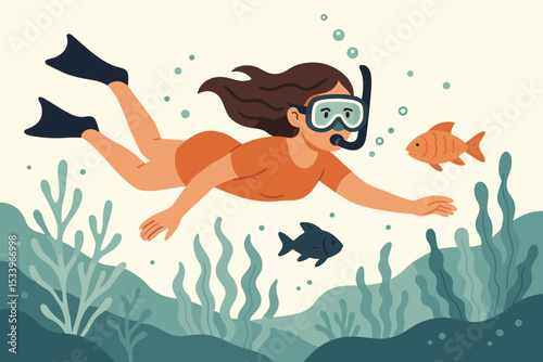 Underwater snorkeling adventure concept. Person exploring a vibrant coral reef with tropical fish. Summer vacation activity. Ocean sea life discovery. Scuba diving hobby.