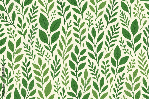 Seamless botanical pattern with green leaves and branches. Vector illustration of a lush foliage background. Natural, organic, elegant design for wallpaper, fabric, and textile.