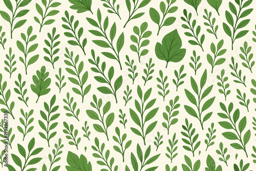 Hand drawn seamless pattern with green leaves. Botanical vector background with various foliage and branches. Natural plant texture for textile, fabric, wallpaper, wrapping paper.