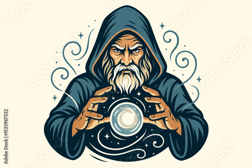 Wizard sorcerer holding a glowing crystal ball. Mystic mage character in a hooded robe. Concept for magic, fantasy, fortune telling, prediction, and divination. Esport mascot.