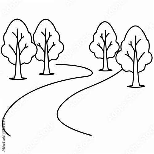Winding Park Trail Path with Simple Black Line Drawing Trees on White Background vector
