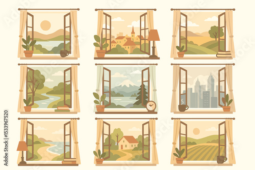 Open window view illustration set. Collection of diverse landscapes and cityscapes. City, countryside, mountain, sea, village, farm scenes. Home comfort and travel concept. Vector.