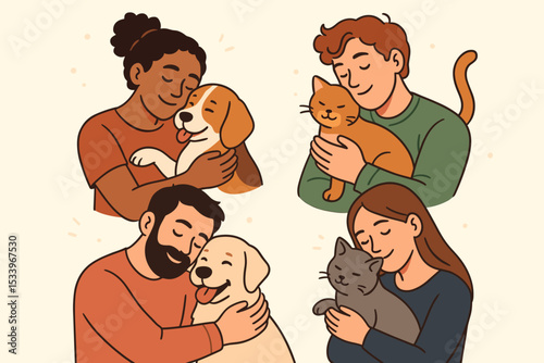Set of diverse people cuddling their pets. Happy men and women hugging cats and dogs. Pet owner love and friendship concept. Vector illustration of human and animal bond.