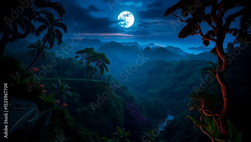 Fototapeta Naklejka Na Ścianę i Meble -  A jungle landscape with a full moon shining over the mountains and trees at nighttime in a blue hue