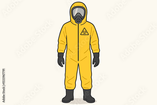 Person in yellow hazmat suit with biohazard symbol. Protective chemical gear with gas mask. Vector concept for safety, pandemic, virus, quarantine and hazardous materials.
