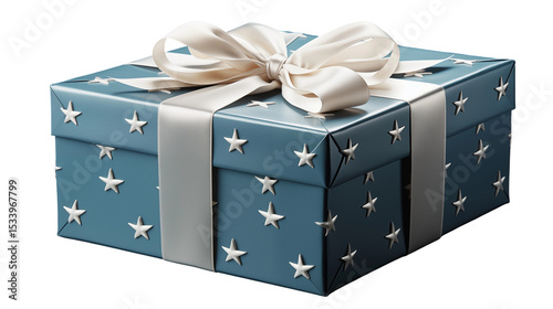Blue gift box with star pattern, white ribbon bow, festive holiday present, special occasion packaging, isolated on transparent background.