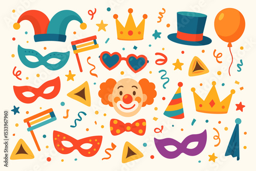 Happy Purim carnival elements set. Jewish holiday celebration. Vector collection with mask, clown, crown, hamantashan cookie, gragger rattle, jester hat and party confetti.