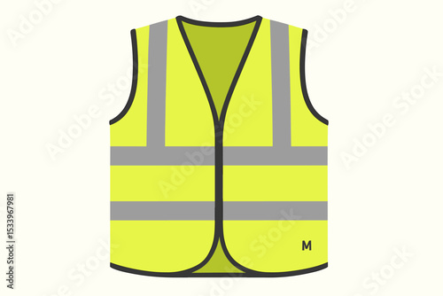 High visibility safety vest vector illustration. Fluorescent yellow neon waistcoat with reflective stripes. Worker protective clothing for construction or road work. PPE icon.