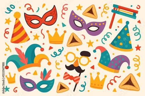 Purim carnival elements collection. Vector set for Jewish holiday celebration. Flat design pattern with mask, hamantashan, gragger, crown, party hat, costume props and confetti.