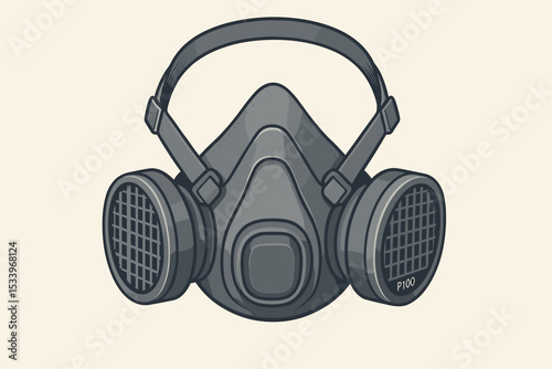 Respirator safety mask vector icon. Industrial gas mask with P100 filter cartridges. Concept of personal protective equipment (PPE) for hazardous work, chemical, dust, vapor protection.