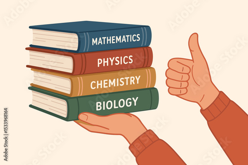 Hand holding a stack of science textbooks with thumbs up. Education concept with math, physics, chemistry, biology books. Student choice, learning and knowledge vector illustration.