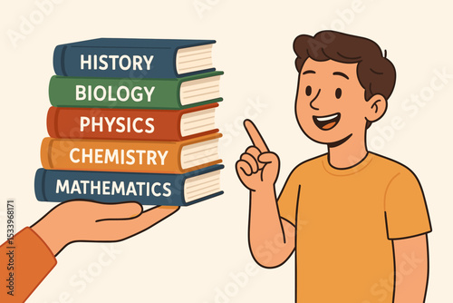 Student choosing school subjects. Hand holds textbooks with history, biology, physics, chemistry, math. Education, learning path concept. Young boy picking major. Cartoon vector.